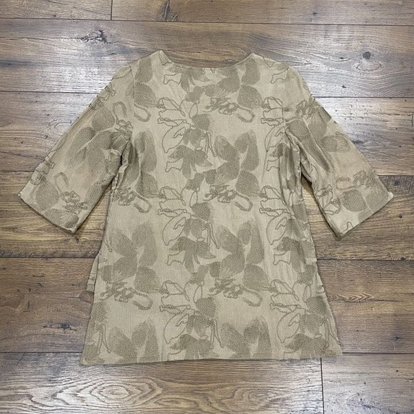 Soft Surroundings Tunic Top Size XS Petite Embroidered Asymmetric Tan 3/4 Sleeve - Picture 7 of 12